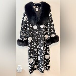 Vintage Adrienne Landau Bergdorf Goodman embroidered fur trim long duster jacket